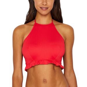 Freya Red Ribbed High Neck Ruffle Bikini Top